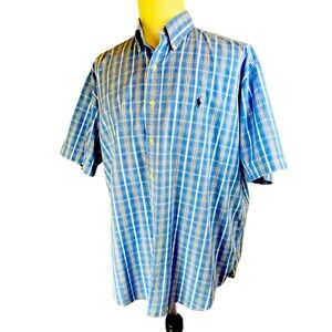 RALPH LAUREN Blue Plaid Blake Short‎ Sleeve Button Front Shirt XL Classic Preppy